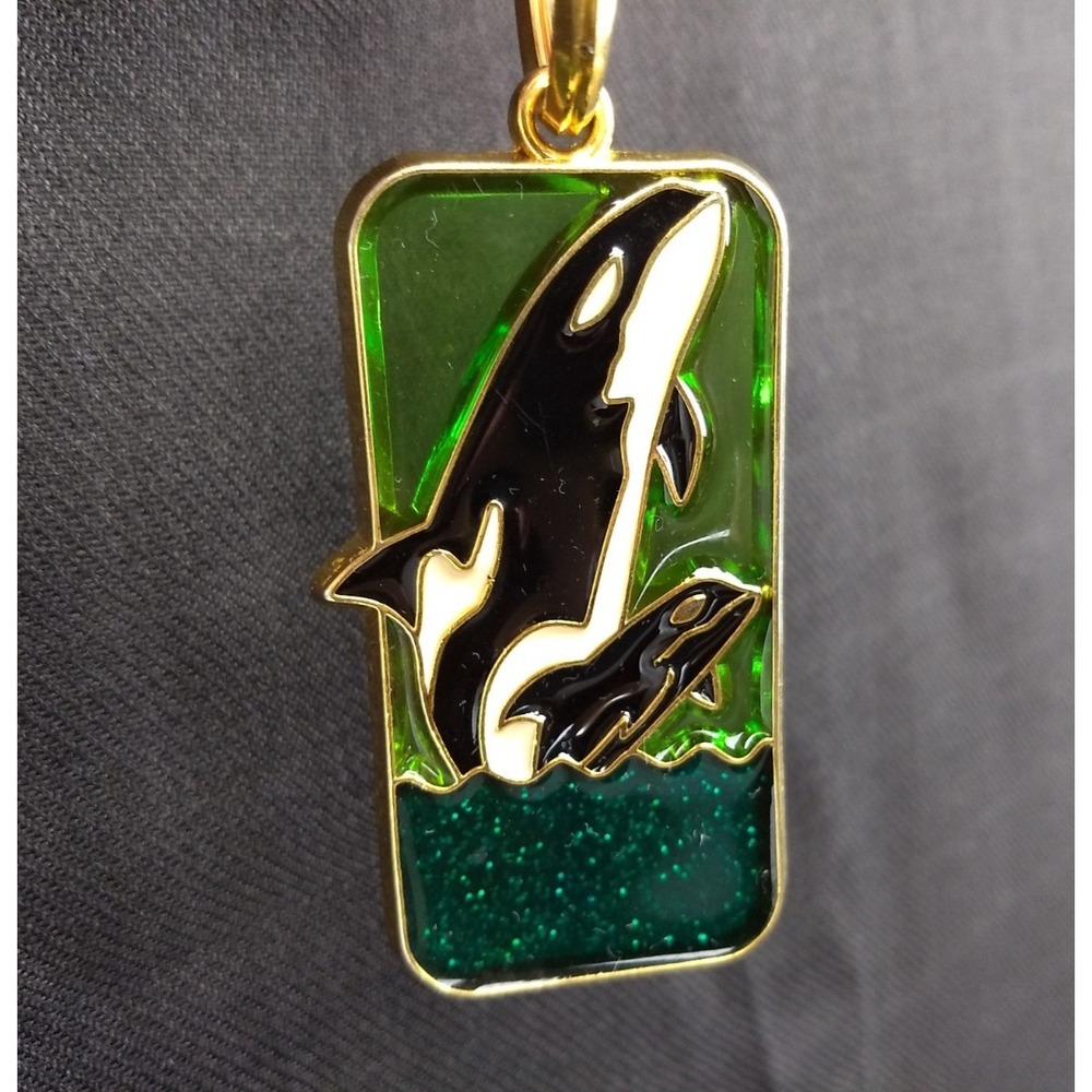 Orca Whale Enamel Keychain 70s Green Suncatcher Glitter Gold-Tone Metal Keyring
